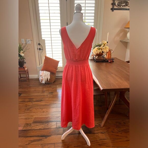 Joie 100% Linen Red Coral Midi Dress V-Neck Sleeveless Smocked Waist Pocket Sz 6 - Picture 4 of 11